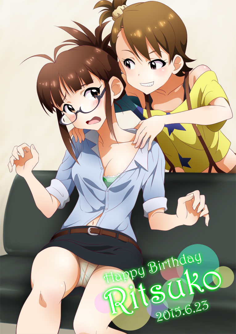 2girls age_difference akizuki_ritsuko blush bra breasts brown_eyes brown_hair couch crotch_seam futami_ami glasses idolmaster multiple_girls navel open_mouth panties panties_under_pantyhose pantyhose sheer_legwear side_ponytail smile sunsun69 suspenders underwear upskirt yuri