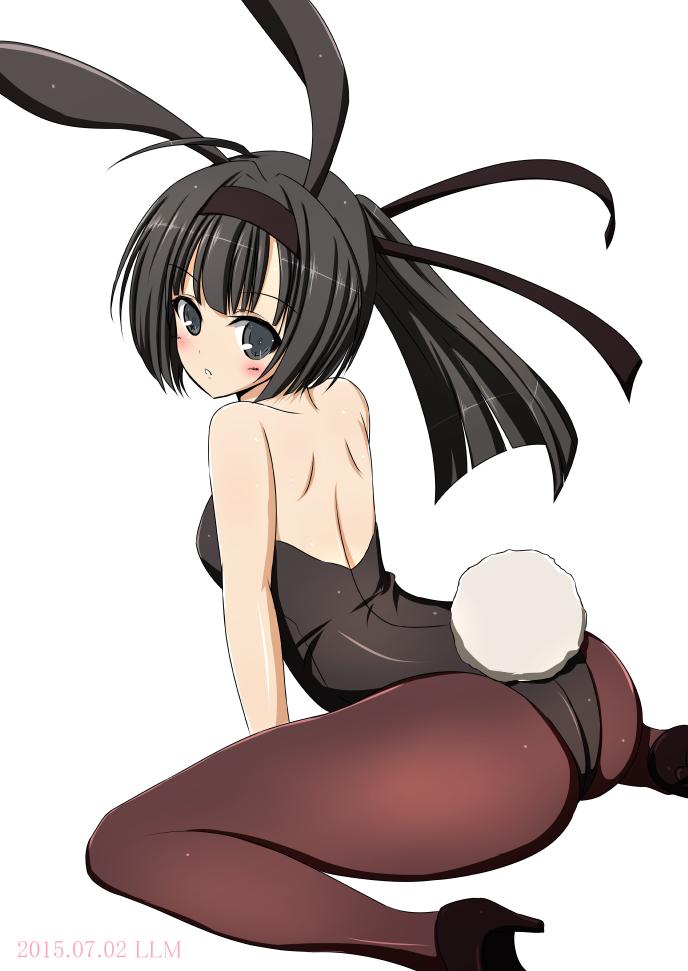 1girl 2015 :o ahoge akizuki_(kantai_collection) animal_ears artist_name bare_back bare_shoulders black_hair blush bunny_girl bunny_tail bunnysuit dated fake_animal_ears fake_animal_tail grey_eyes hachimaki hair_ornament hairband headband high_heels kantai_collection leotard long_hair looking_at_viewer looking_back lovelovemaid playboy_bunny_leotard ponytail rabbit_ears simple_background solo tail white_background