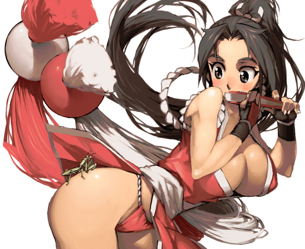 1girl ass blush breasts brown_eyes brown_hair cleavage covering_mouth fan fatal_fury folding_fan gloves huge_breasts insect japanese_clothes king_of_fighters large_breasts long_hair pelvic_curtain ponytail revealing_clothes scared shiranui_mai sideboob snk solo ysk!