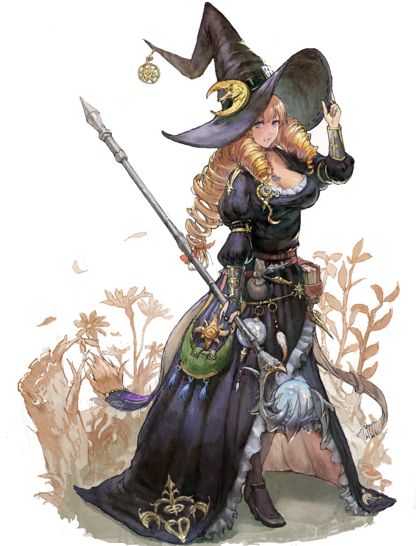 1girl belt book breasts bridal_gauntlets commentary crescent_moon dress drill_hair fantasy flower hair_ornament hand_on_own_head hat iwanai_tomoeju large_breasts moon pixiv_fantasia pixiv_fantasia_t pouch revision smile staff tri_tails vambraces witch witch_hat