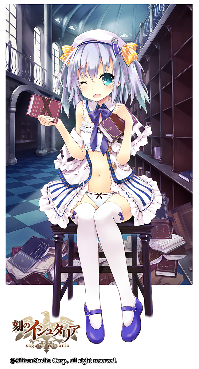 age_of_ishtaria blue_eyes book bookshelf character_request copyright_name dress hat highres long_hair mary_janes navel off_shoulder one_eye_closed open_clothes open_dress open_mouth panties ribbon saeki_touma shoes silver_hair sitting stool tears thigh-highs training_bra twintails two_side_up underwear