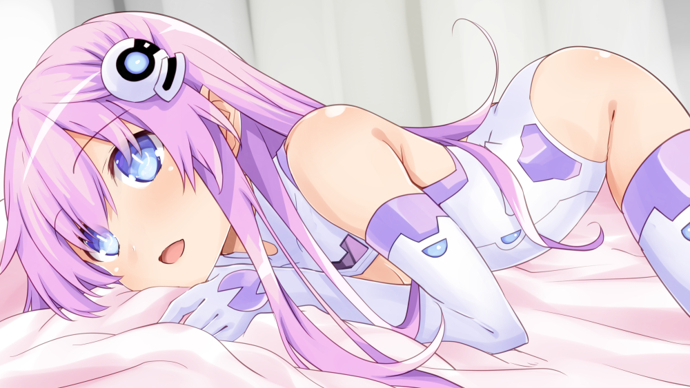 1girl bare_shoulders blue_eyes blush breasts elbow_gloves gloves hair_between_eyes happy iwashi_dorobou_-r- leotard long_hair looking_at_viewer lying nepgear neptune_(series) on_stomach paid_reward_available pink_hair power_symbol purple_hair purple_sister skin_tight smile solo symbol-shaped_pupils very_long_hair white_gloves white_leotard