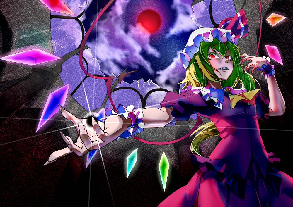 1girl adapted_costume blonde_hair broken_glass clouds colored_eyelashes dress fingernails flandre_scarlet from_below glass hat long_fingernails long_hair looking_at_viewer mob_cap moon night outstretched_hand red_dress red_eyes red_moon side_ponytail sky solo tenamaru touhou vampire very_long_hair wings wrist_cuffs