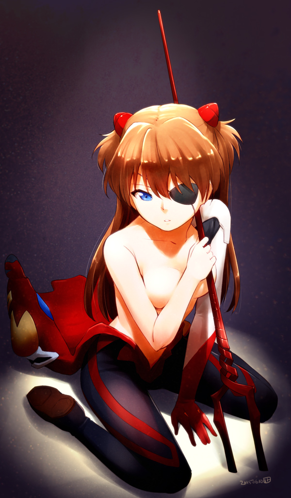 1girl blue_eyes clothes_removed eyepatch hair_ornament lance_of_longinus long_hair looking_down nagian neon_genesis_evangelion plugsuit rebuild_of_evangelion redhead shikinami_asuka_langley sitting solo souryuu_asuka_langley spotlight topless wariza