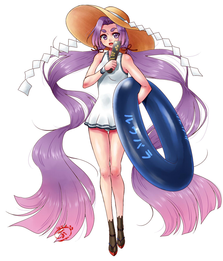 1girl absurdly_long_hair alternate_costume alternate_hairstyle buntaichou eyebrows fan folding_fan hair_ribbon hatsuharu_(kantai_collection) hikimayu kantai_collection large_hat long_hair looking_at_viewer one-piece_swimsuit purple_hair ribbon sandals short_eyebrows solo swimsuit twintails very_long_hair violet_eyes