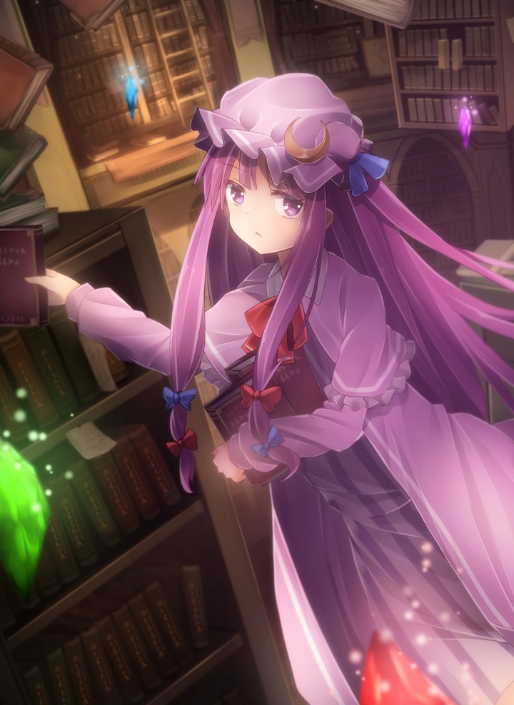 1girl book bow crystal dress hat holding library long_hair long_sleeves looking_at_viewer minamina patchouli_knowledge purple_hair solo touhou very_long_hair violet_eyes