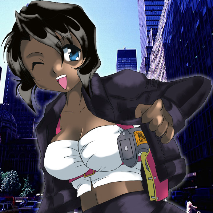1girl 90s ;) armpit_holster black_hair blue_eyes breasts bustier cleavage dark_skin gun gunsmith_cats handgun holster jacket midriff one_eye_closed open_clothes open_jacket open_mouth photo_background pistol rally_vincent short_hair smile solo toragura weapon