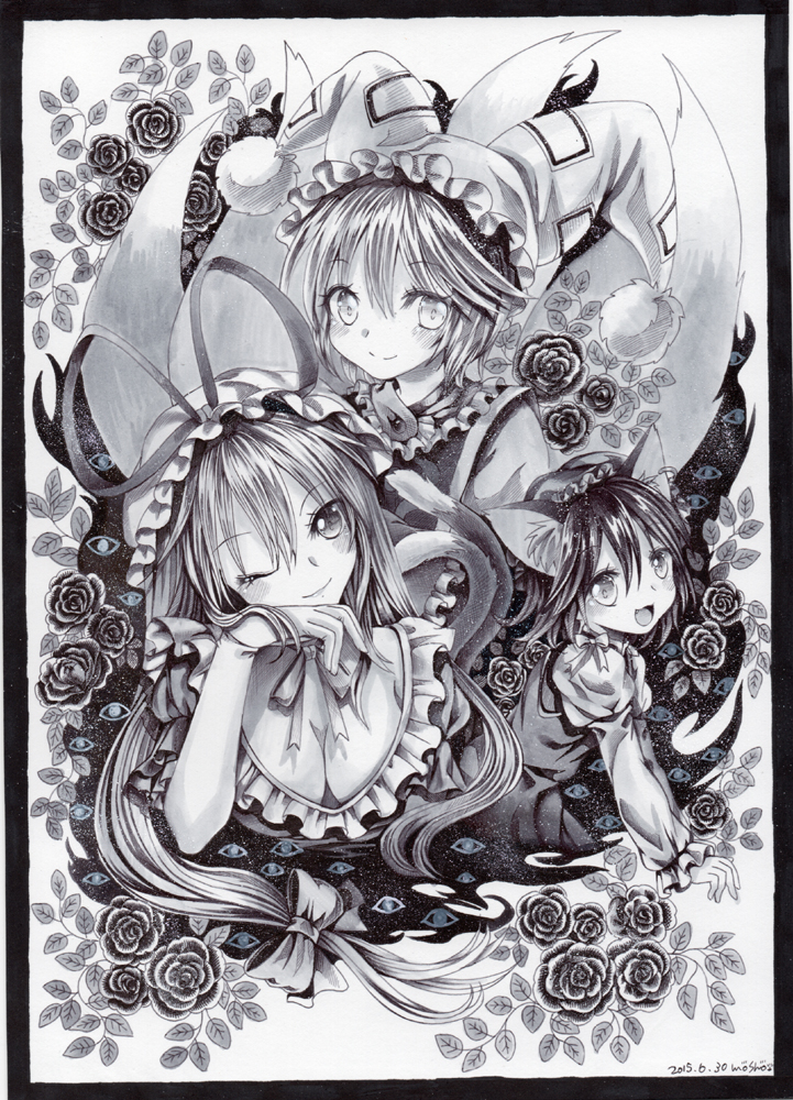 3girls animal_ears ballpoint_pen_(medium) breasts calligraphy_brush_(medium) cat_ears cat_tail chen cleavage dated dress flower fox_tail frame gap hair_ribbon hat hat_ribbon hat_with_ears jewelry long_hair looking_at_viewer mob_cap monochrome mosho multiple_girls multiple_tails nekomata one_eye_closed open_mouth ribbon rose signature single_earring smile tabard tail touhou traditional_media tress_ribbon very_long_hair yakumo_ran yakumo_yukari