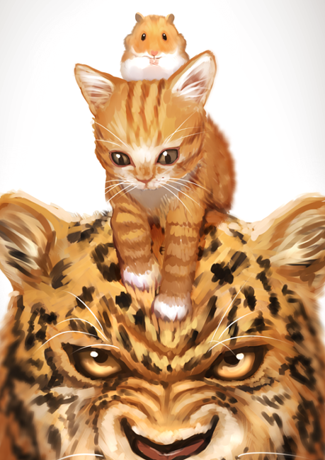 bon_nob cat commentary_request hamster leopard no_humans odd_one_out on_head