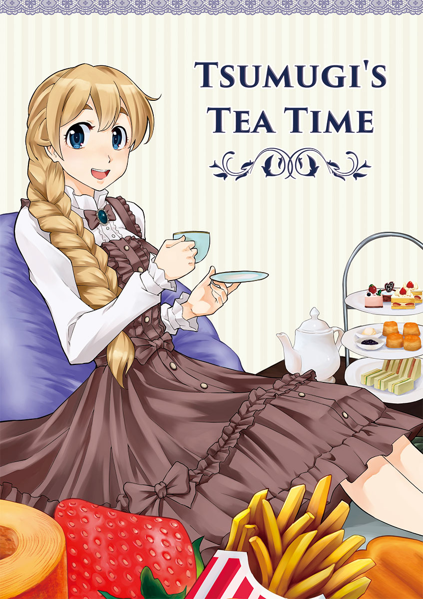 1girl bel-tree blonde_hair blue_eyes braid cup dress food french_fries fruit highres k-on! kotobuki_tsumugi long_hair sitting strawberry sweets teacup teapot