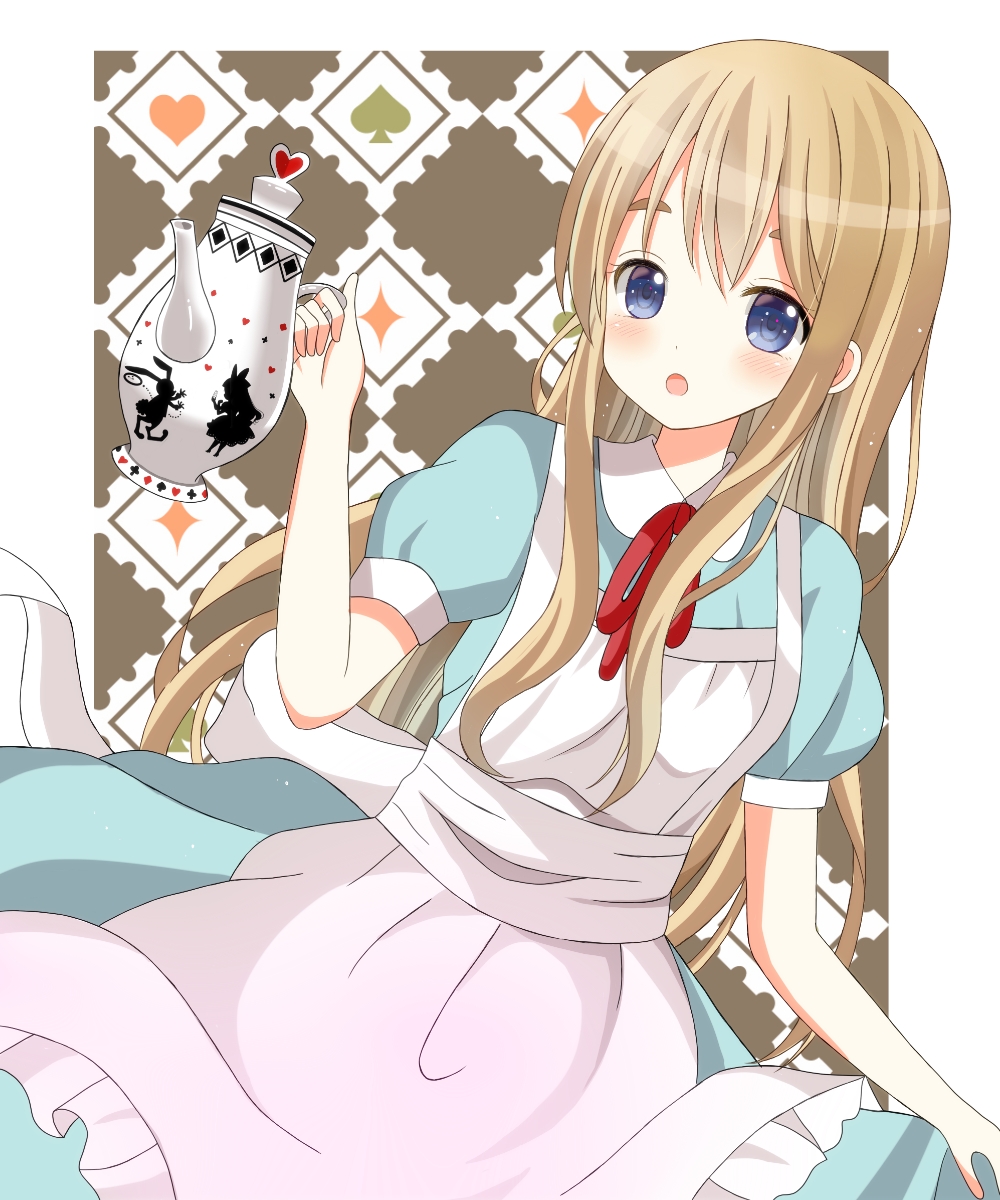 1girl alice_in_wonderland blonde_hair blue_eyes dress highres k-on! kotobuki_tsumugi long_hair ryoutan teapot