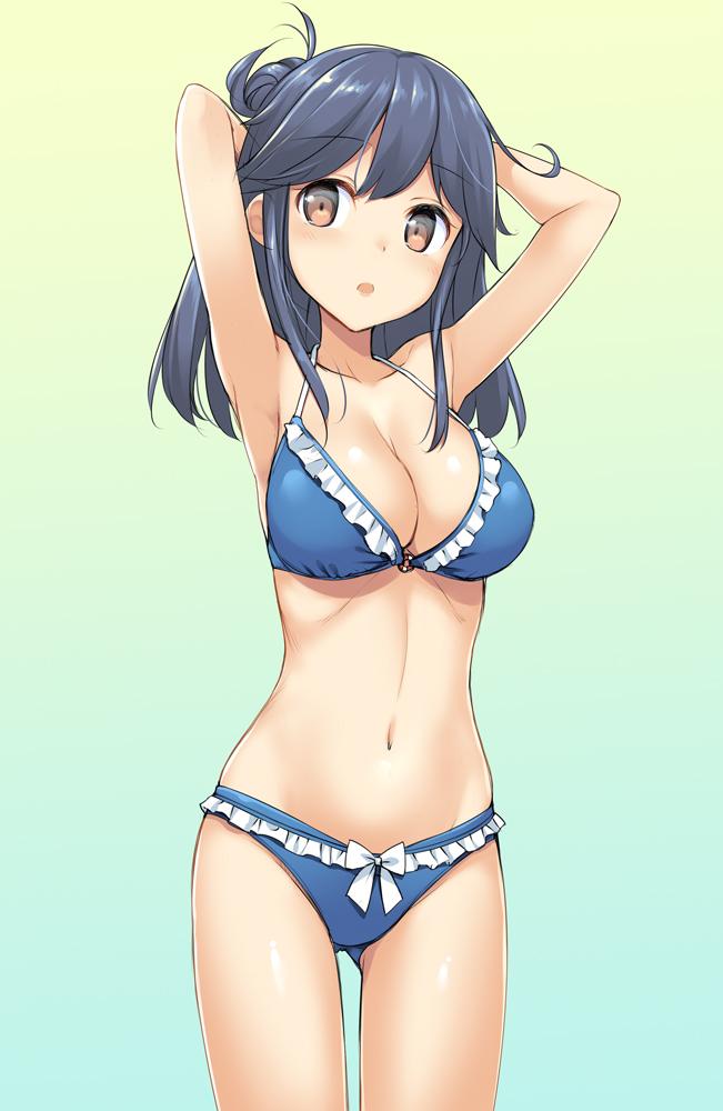 1girl :o ahoge arms_behind_head bikini blue_bikini blue_hair bow bow_bikini breasts brown_eyes cleavage collarbone frilled_bikini frills gradient gradient_background kantai_collection large_breasts long_hair midriff navel open_mouth solo swimsuit takayaki ushio_(kantai_collection) white_bow