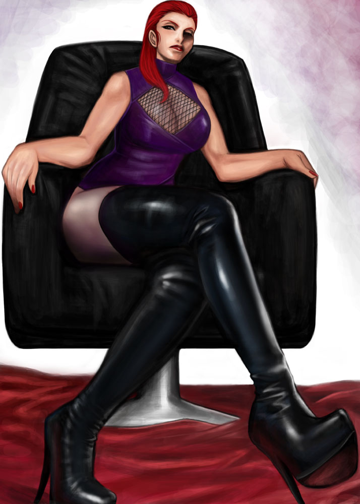 1girl armchair bare_shoulders boots breasts chair cleavage cleavage_cutout crossed_legs fishnets goldie_musou gunsmith_cats hair_over_shoulder high_heel_boots high_heels komii large_breasts leather_boots leotard long_hair pantyhose redhead sheer_legwear sitting sleeveless solo thigh-highs thigh_boots