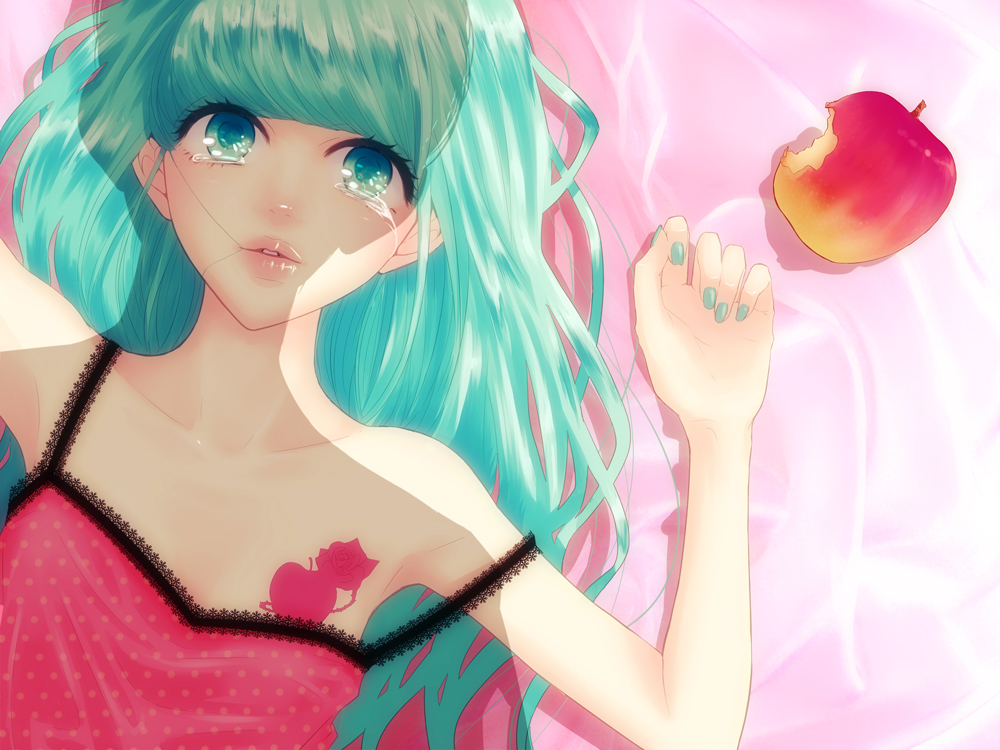 alternate_hairstyle apple aqua_eyes aqua_hair arms_up camisole collarbone flower food fruit hair_in_mouth hatsune_miku lips long_hair lying nail_polish nose on_back romeo_and_cinderella_(vocaloid) romeo_to_cinderella_(vocaloid) rose shadow solo strap_slip tattoo tears twintails vocaloid yunomi