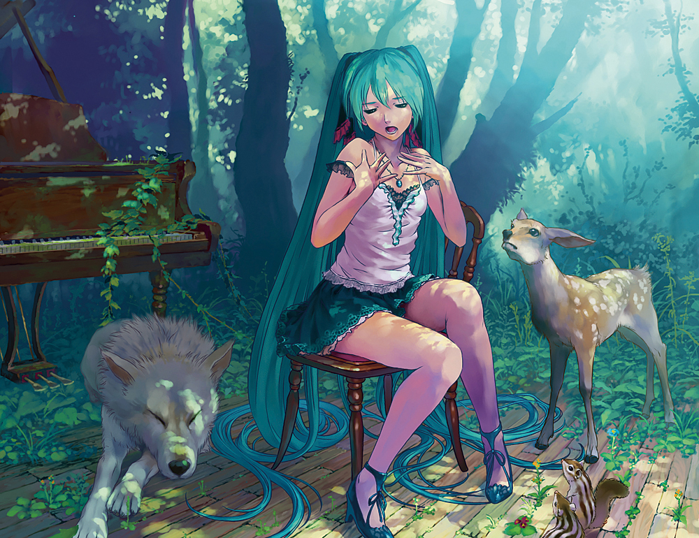 aqua_eyes aqua_hair bare_shoulders camisole chair chipmunk deer grand_piano hatsune_miku high_heels instrument jewelry legs long_hair nature necklace outdoors piano reise shoes sitting sitting_sideways solo squirrel tree very_long_hair vocaloid wolf
