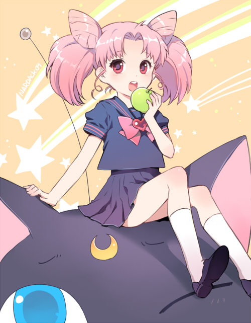 bishoujo_senshi_sailor_moon chibi_usa duplicate food fruit green_apple holding holding_fruit luna-p nardack open_mouth pink_hair red_eyes school_uniform serafuku short_twintails sitting solo twintails wink