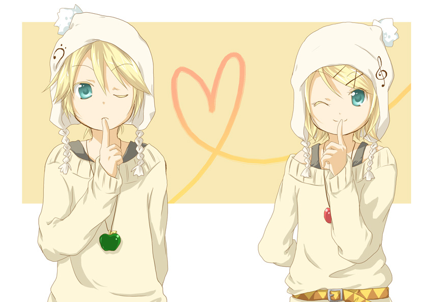 blonde_hair bonnet hair_ornament hairclip hidacafe jewelry kagamine_len kagamine_rin necklace short_hair siblings smile twins vocaloid wink