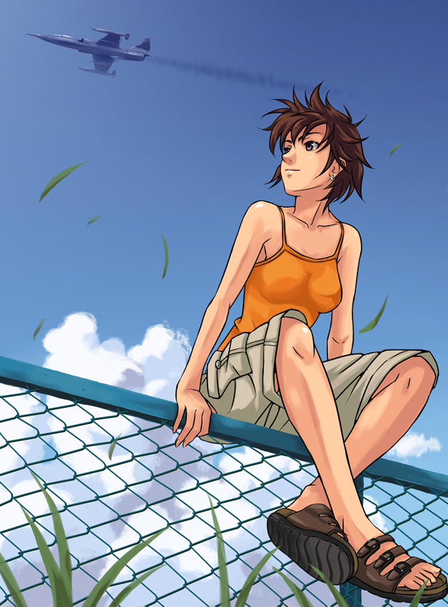 bad_id brown_eyes brown_hair camisole chainlink_fence cloud clouds condensation_trail contrail crossed_legs earrings f-104 fence grass jet jewelry messy_hair sandals short_hair shorts sitting sky smile tomoshiki