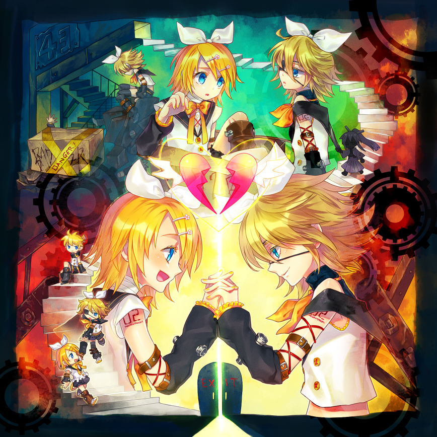 blonde_hair blue_eyes eyepatch gear gears hair_ornament hair_ribbon hairclip hand_holding heart holding_hands kagamine_len kagamine_rin kamui_gakupo neji_to_haguruma_to_pride_(vocaloid) renta ribbon short_hair siblings smile stairs twins vocaloid