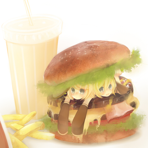 blue_eyes drink food french_fries girl_in_food hair_ornament hairclip hamburger in_food kagamine_len kagamine_rin masha_(pixiv456922) masha_(twinbox) milkshake miniboy minigirl salad short_hair siblings twins vocaloid