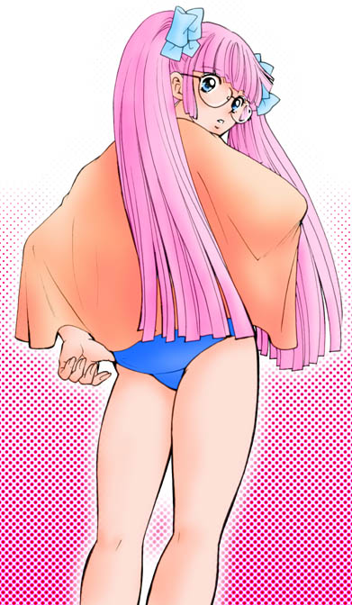 blue_eyes chabudai from_behind glasses hair_ribbon kanda_aoi long_hair looking_back osu!_tatakae!_ouendan pink_hair ribbon solo swimsuit towel twintails