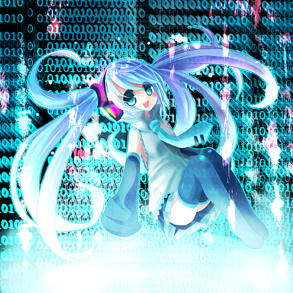 aqua_eyes aqua_hair bad_id binary cyoko detached_sleeves hatsune_miku headphones long_hair necktie skirt smile solo thigh-highs thighhighs twintails vocaloid zettai_ryouiki