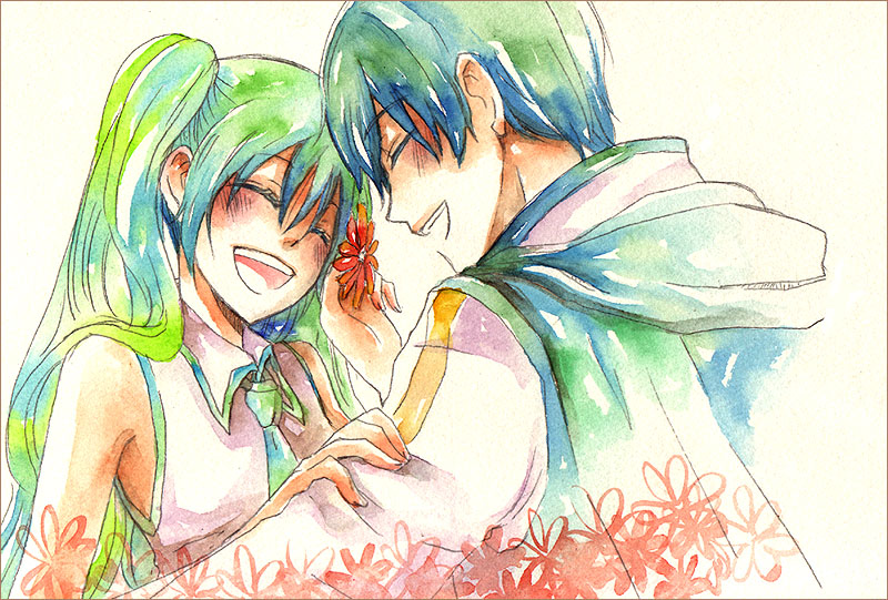 blue_hair colorful green_hair hatsune_miku kaito laughing long_hair miyuki_(aoisan) miyuki_(pixiv) multicolored_hair necktie scarf short_hair smile traditional_media twintails vocaloid watercolor watercolor_(medium)