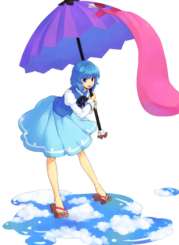 :p blue_hair geta heterochromia karakasa karakasa_obake kinuko_(artist) nail_polish red_eyes sandals short_hair skirt tatara_kogasa tomobe_kinuko tongue touhou umbrella