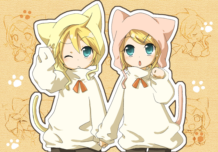 animal_hat aqua_eyes blonde_hair cat_ears cat_hat cathat child hand_holding hat hidacafe holding_hands kagamine_len kagamine_rin short_hair siblings tail twins vocaloid wink