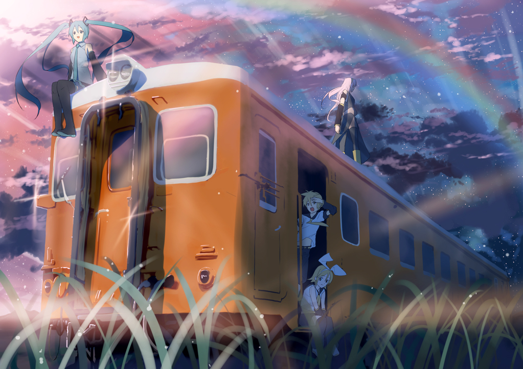 blue_eyes boots cloud clouds hair_ornament hair_ribbon hairclip hatsune_miku kagamine_len kagamine_rin long_hair megurine_luka nagareboshi night pink_hair ribbon scenery short_hair shorts sitting skirt sky smile thigh-highs thighhighs train twintails vocaloid