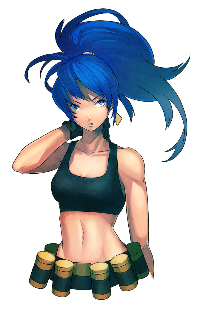 bandolier bare_shoulders blue_eyes blue_hair breasts crop_top earrings jewelry juuden king_of_fighters leona_heidern midriff military navel snk solo tank_top toned