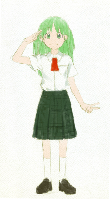 alternate_hairstyle green_eyes green_hair hyeonso koiwai_yotsuba long_hair salute school_uniform sketch teen teenage v yotsubato!