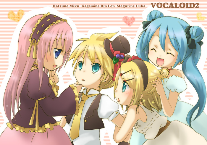 aqua_hair blonde_hair blue_eyes dress flower hair_ornament hair_ribbon hairband hairclip hat hatsune_miku heart hidacafe kagamine_len kagamine_rin long_hair megurine_luka mini_top_hat necktie pimp pink_hair ribbon rose short_hair siblings smile top_hat twins twintails vocaloid