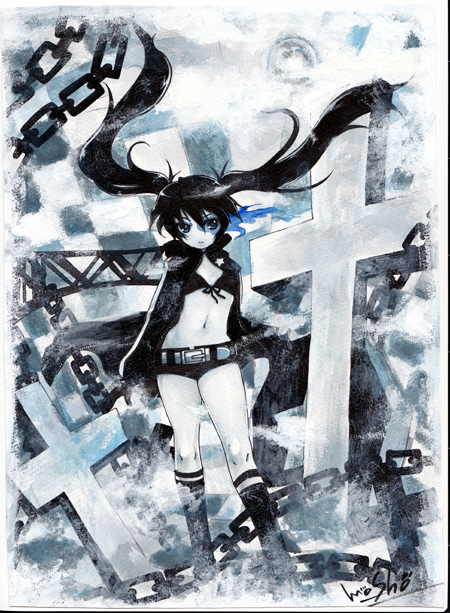 bikini_top black_hair black_rock_shooter black_rock_shooter_(character) blue_eyes boots flat_chest glowing glowing_eyes jacket long_hair midriff mosho navel pale_skin shorts solo twintails