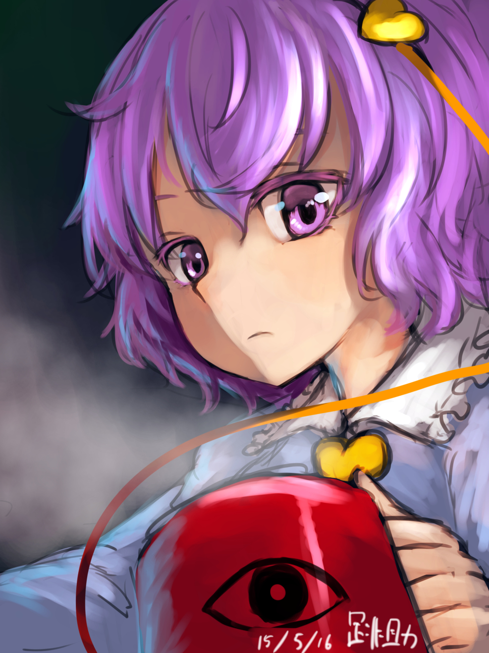 1girl artist_name colored_eyelashes cup dated expressionless face gradient heart highres komeiji_satori long_sleeves looking_at_viewer purple_hair pyonsuke0141 short_hair simple_background solo string touhou upper_body violet_eyes