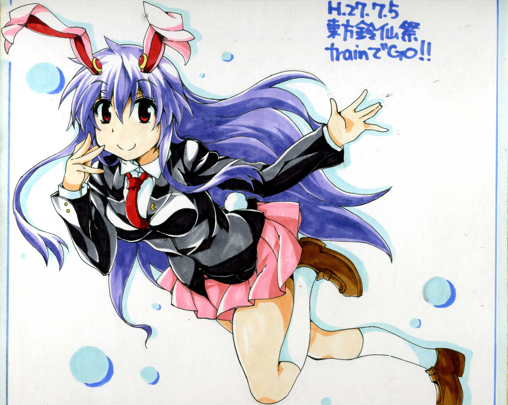 1girl \||/ animal_ears bending_forward blazer blush breasts bunny_tail crescent_moon_pin hand_to_own_mouth lapel_pin loafers long_hair looking_at_viewer marker_(medium) miniskirt necktie purple_hair rabbit_ears red_eyes reisen_udongein_inaba running shikishi shoes signature skirt smile socks solo tail touhou traditional_media train_90 very_long_hair waving