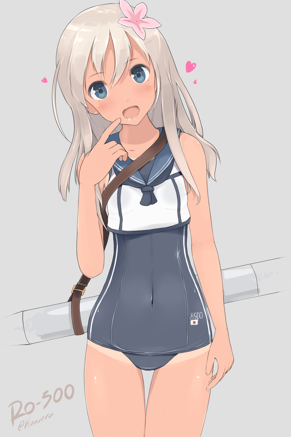 1girl blue_eyes crop_top flower hair_flower hair_ornament highres kantai_collection kuavera long_hair one-piece_tan ro-500_(kantai_collection) sailor_collar school_swimsuit silver_hair standing swimsuit swimsuit_under_clothes tan tanline torpedo