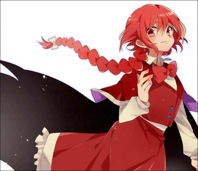 1girl border bow braid cape capelet hair_bow hair_ornament long_hair long_sleeves looking_at_viewer looking_down okazaki_yumemi ponpoko red_eyes redhead shirt simple_background single_braid skirt skirt_set smile solo touhou touhou_(pc-98) vest white_background