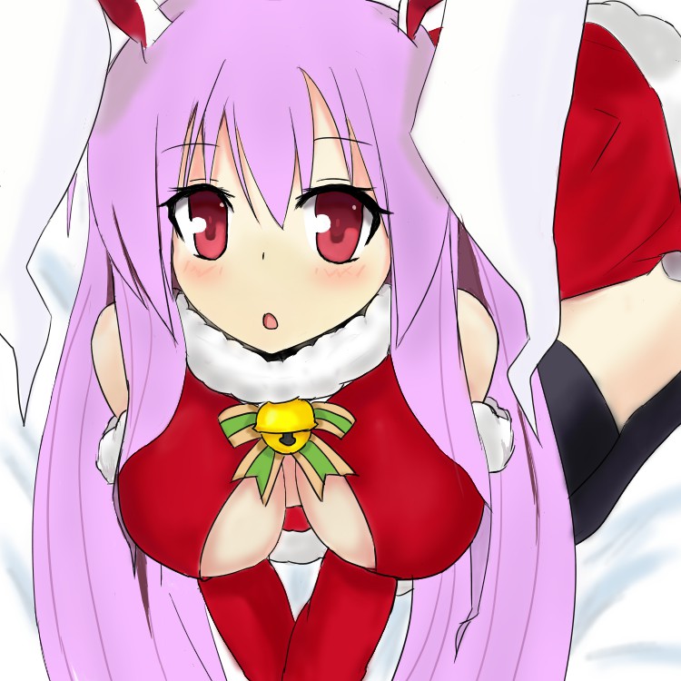 1girl all_fours animal_ears bell black_legwear long_hair open_mouth pink_hair rabbit_ears red_eyes reisen_udongein_inaba santa_costume sleeveless solo sprout_(33510539) touhou