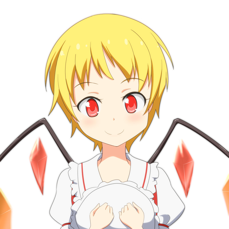 1girl alternate_hairstyle blonde_hair cato_(monocatienus) flandre_scarlet hat hat_removed headwear_removed looking_at_viewer mob_cap puffy_short_sleeves puffy_sleeves red_eyes shirt short_hair short_sleeves smile solo touhou upper_body wings