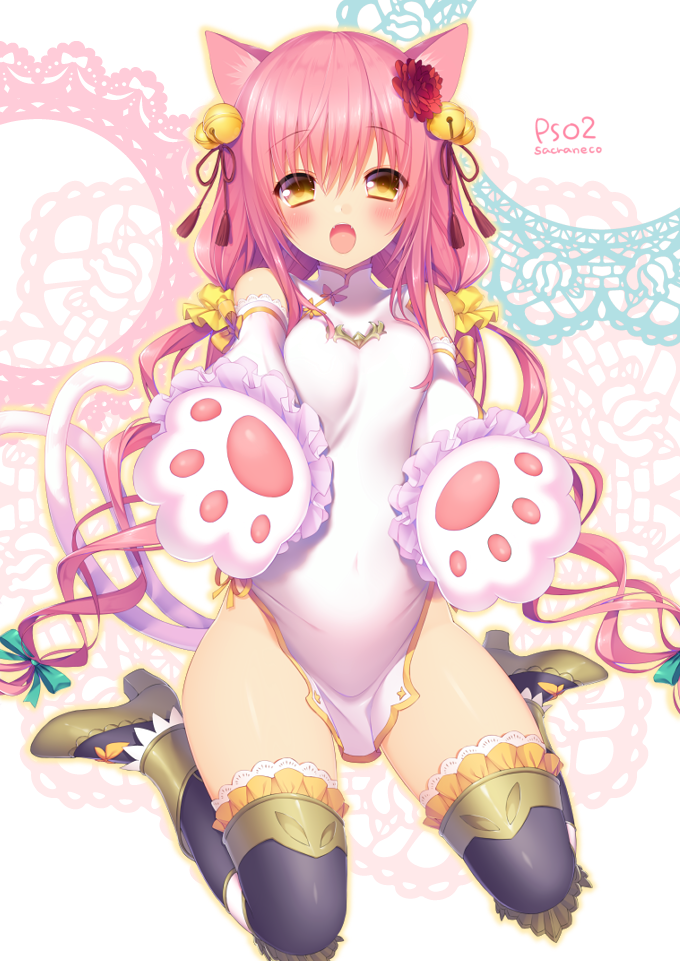 1girl animal_ears bare_shoulders bell black_legwear blonde_hair blush cat_ears cat_tail china_dress chinese_clothes covered_navel detached_sleeves dress flower gloves hair_flower hair_ornament jingle_bell long_hair looking_at_viewer low_twintails multiple_tails paw_gloves phantasy_star phantasy_star_online_2 pink_hair sakura_neko short_dress sitting solo tail thigh-highs twintails very_long_hair wariza