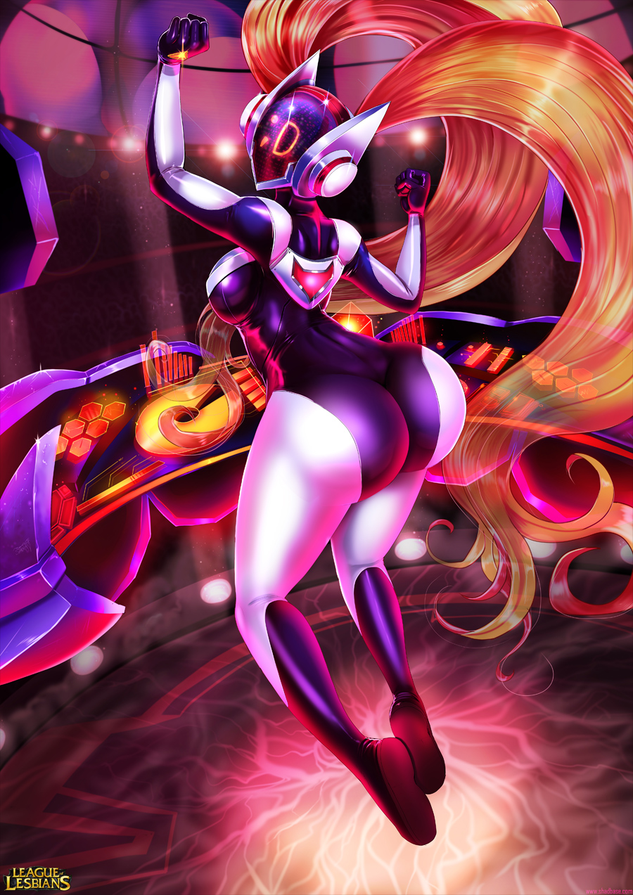 1girl ;d ass breasts helmet highres huge_ass league_of_legends long_hair looking_at_viewer looking_back one_eye_closed open_mouth redhead shadman smile solo sona_buvelle thick_thighs thighs twintails very_long_hair