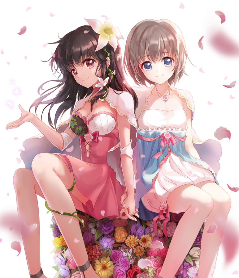 2girls blue_eyes breasts brown_eyes brown_hair capelet cleavage dress flower hair_flower hair_ornament holding_hands jewelry long_hair moai_(aoh) multiple_girls necklace original petals short_hair smile white_background