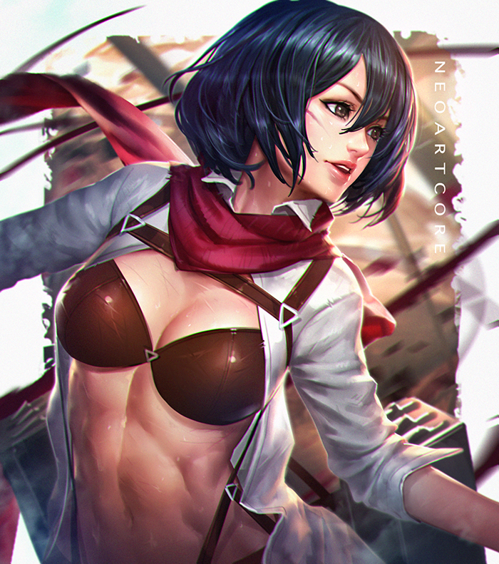 1girl artist_name black_hair breasts brown_eyes lips mikasa_ackerman navel nudtawut_thongmai scar shingeki_no_kyojin short_hair smile solo