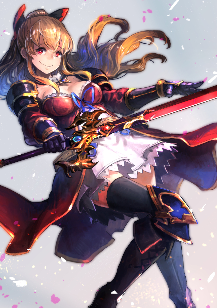1girl armor black_legwear boots bow breasts brown_hair cleavage gauntlets granblue_fantasy hair_bow holysnow long_hair looking_at_viewer petals red_eyes skirt smile solo sword thigh-highs vila weapon