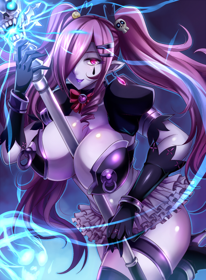 1girl bowtie breasts cleavage curly_hair demon_girl elbow_gloves frills gloves hair_ornament hairclip heart high_heels huge_breasts lipstick looking_at_viewer magic makeup glasses_man million_arthur_(series) nipple_piercing nipple_rings original piercing puffy_short_sleeves puffy_sleeves purple_hair short_sleeves skull smiley_face solo staff twintails violet_eyes
