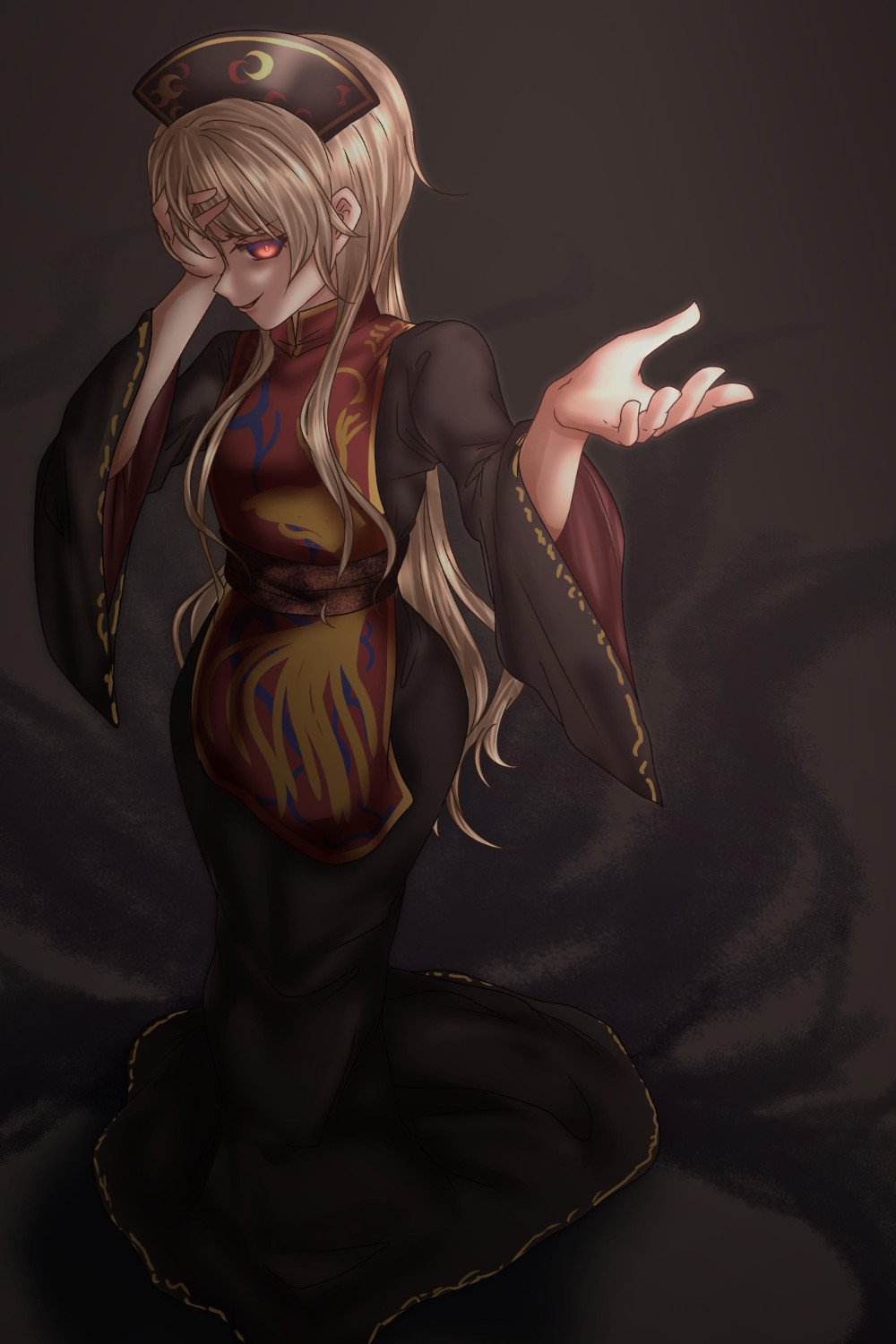 1girl blonde_hair dark_background hand_over_eye hat highres junko_(touhou) long_hair long_sleeves looking_at_viewer red_eyes shounen_(hogehoge) smile smirk solo tabard touhou wavy_hair