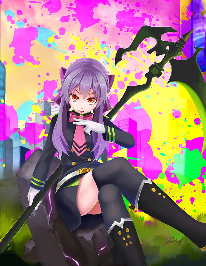 blush long_hair owari_no_seraph red_eyes scythe shinoa_hiiragi uniform violet_hair