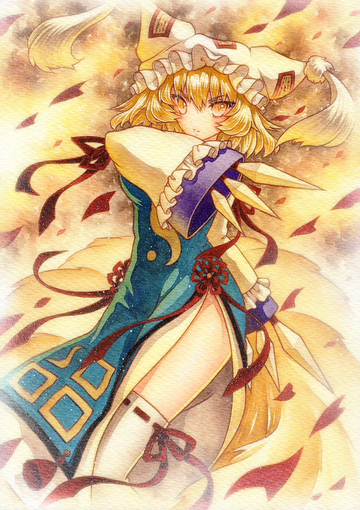 1girl arm_up blonde_hair fox_tail gradient gradient_background hands_in_sleeves hat hat_with_ears kunai multiple_tails parted_lips petals qqqrinkappp ribbon-trimmed_legwear ribbon_trim short_hair solo tabard tail tassel thigh-highs touhou tsurime weapon white_legwear wind yakumo_ran yellow_eyes