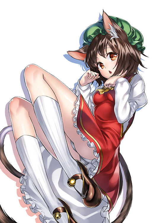 1girl animal_ears blush brown_eyes brown_hair cat_ears chen chestnut_mouth kyon_(fuuran) legs_folded loafers looking_at_viewer multiple_tails shoes short_hair simple_background socks solo tail touhou white_background white_legwear